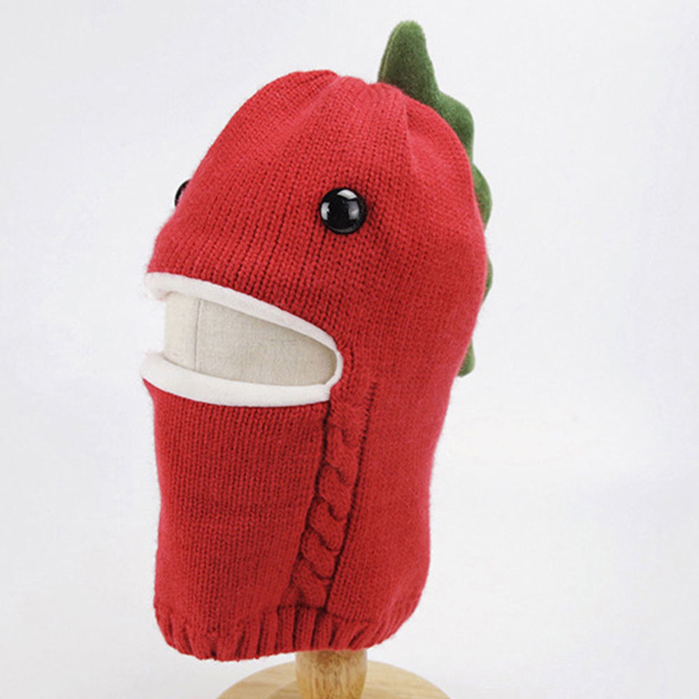 

dinosaur beanie lined with velvet fleece covering baby s face