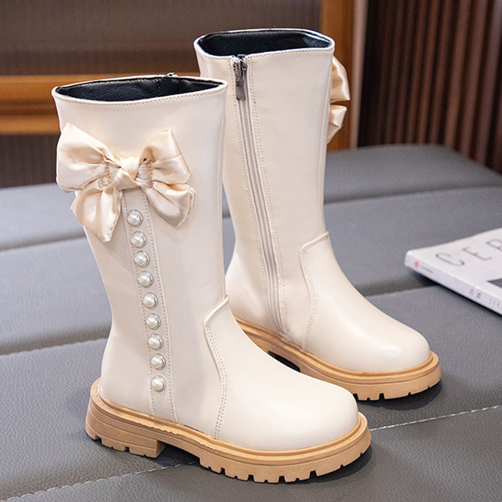 Shop Online Girls Beige Bow Applique Knee Length Boots at 1589