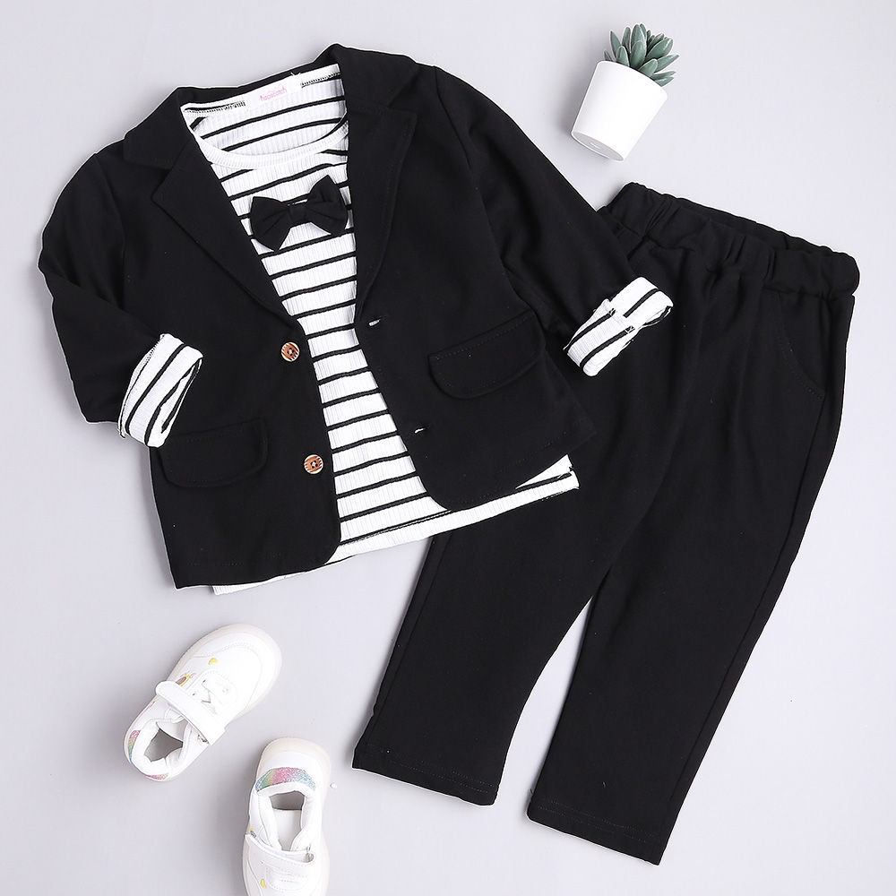 Shop Online Boys Black Stripe Print T-shirt, Blazer And Pant Set at ₹1049