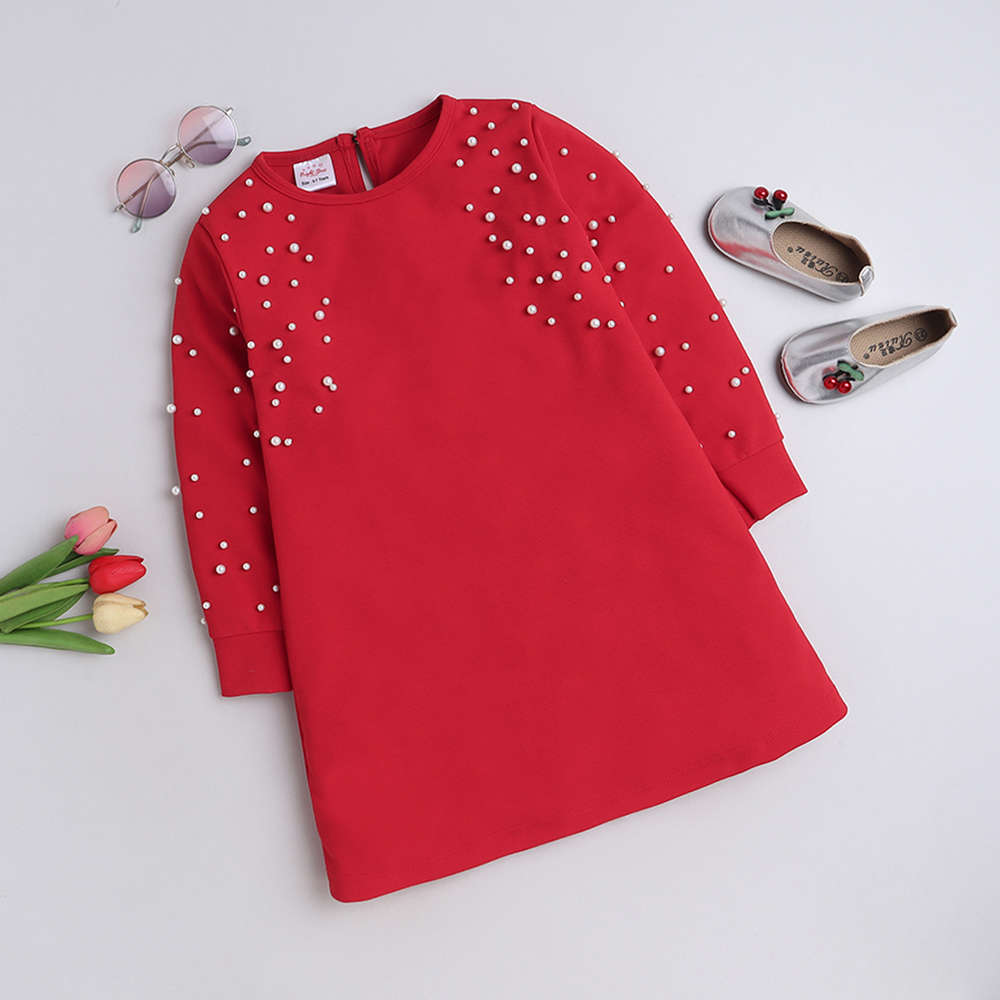 Shop Online Girls Red Pearl Embellished Full-Sleeve Party Dress at ₹599
