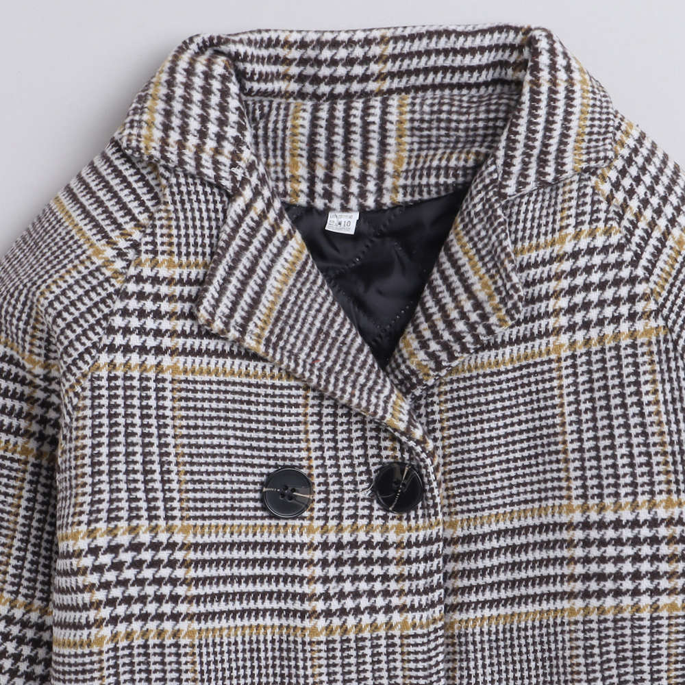 Shop Online Girls Beige Checkered Full-Sleeve Long Coat at ₹1739