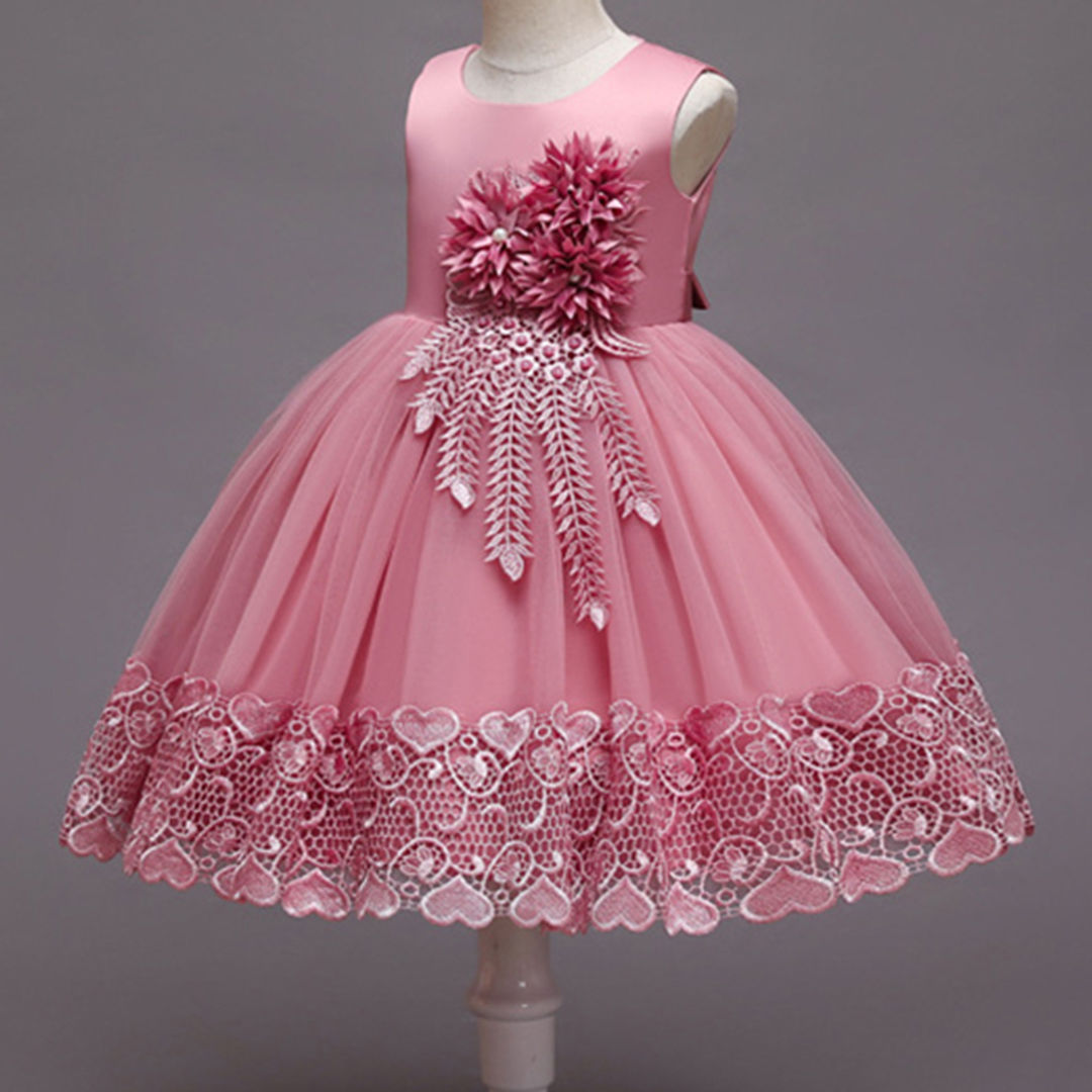 Babyhug Woven Sleeveless Fit & Flared Party Dress with Floral Applique - Pink