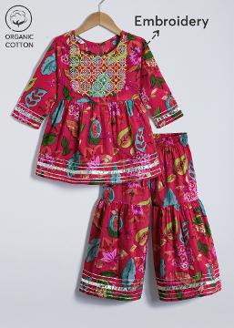 Shop Online 2-Pc Floral Embroidered Cotton Sharara Set at ₹1145