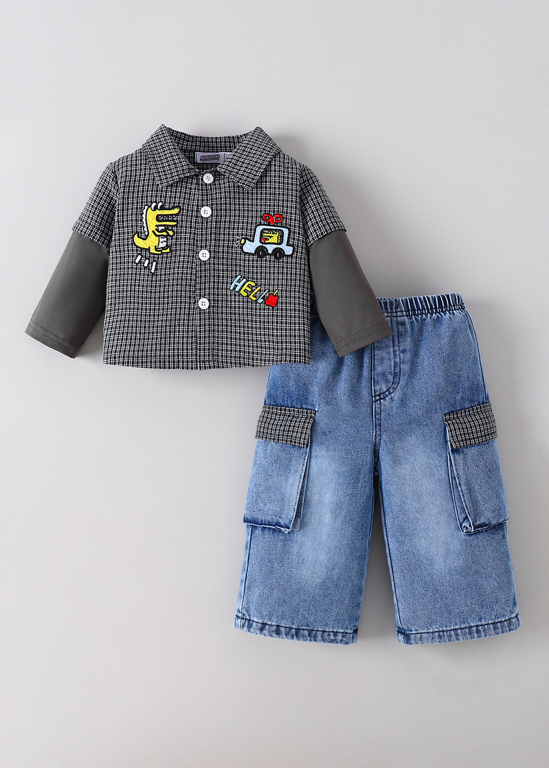 Vehicle Embroidery Checkered Jeans Set